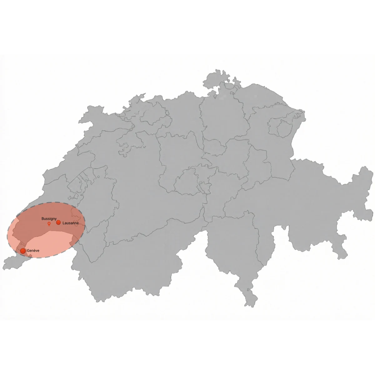 Carte de la zone d'intervention d'Expert Canalisations centrée sur Bussigny, couvrant l'arc lémanique de Genève à Montreux et Yverdon-les-Bains