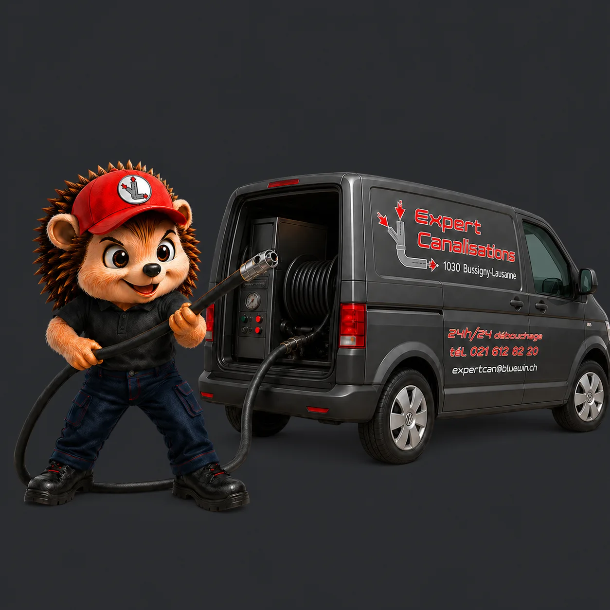 Mascotte Expert Canalisations devant le van d'intervention équipé pour le débouchage haute pression